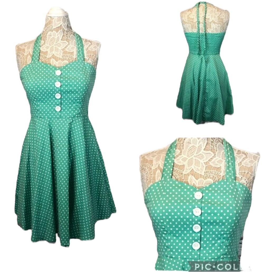 Sara U.S.A Vintage Retro Pin Up Halter Dress Green and white polkdot size large